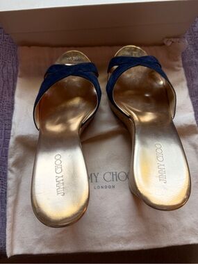 Jimmy Choo Navy Suede Crisscross Slides with Gold Footbed